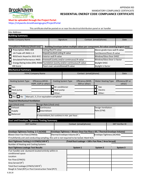 First page of the Residential Energy Code Compliance Certificate