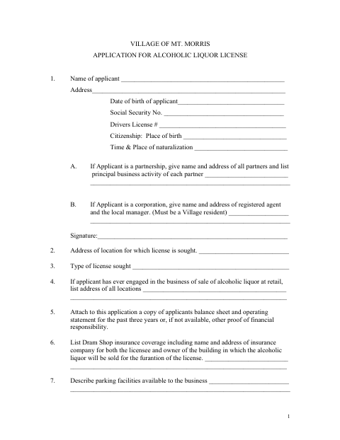 First page of the Application for Alcoholic Liquor License