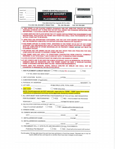 First page of the Conex and Semi Placement Permit
