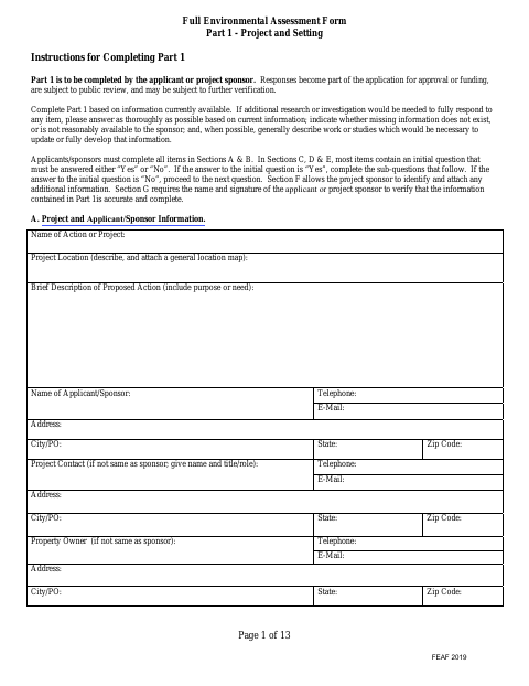 First page of the Full Environmental Assessment Form Part 1 – Project and Setting