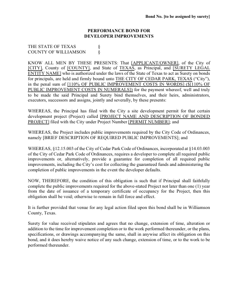 First page of the Performance Bond for Developer Improvements