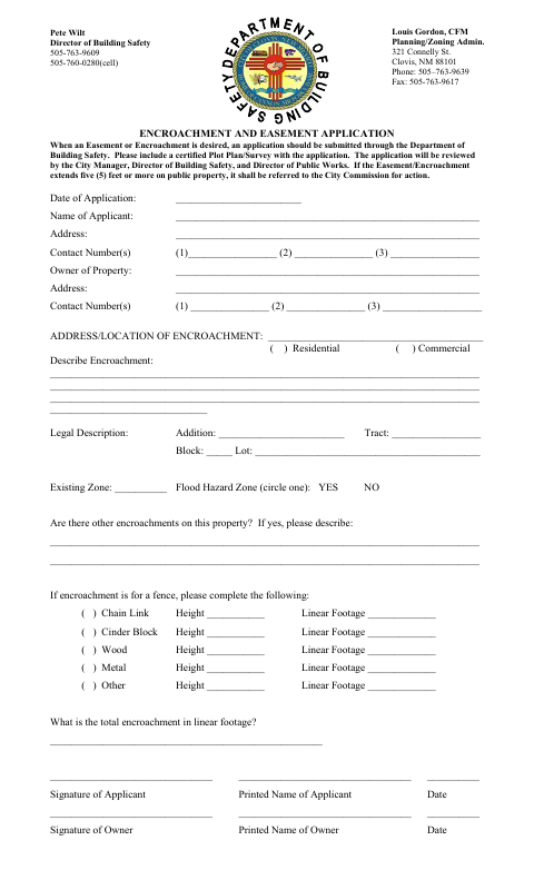 First page of the Encroachment and Easement Application