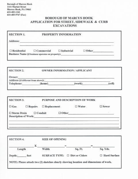 First page of the Street Sidewalk and Curb Excavation Permit Application