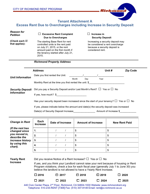 First page of the Tenant Attachment A: Excess Rent Due to Overcharges