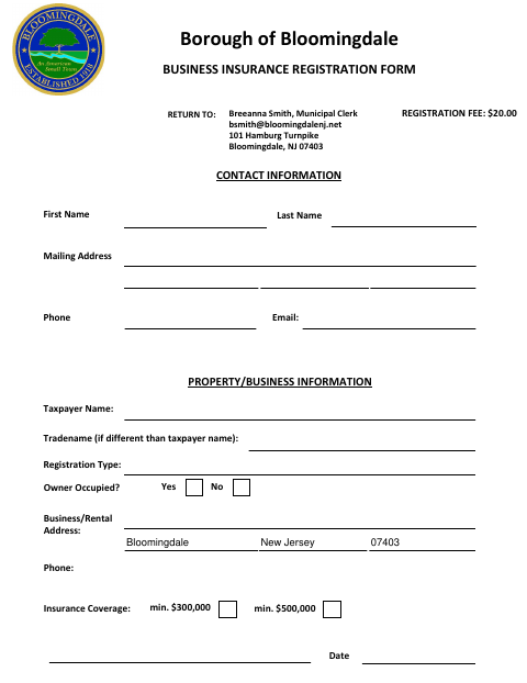 First page of the Business Insurance Registration Form