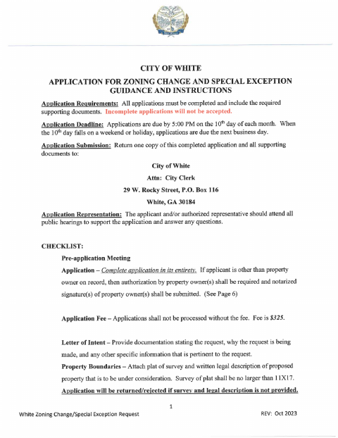 First page of the Zoning Change And Special Exception Application
