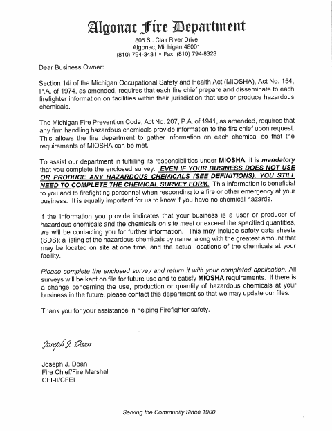 First page of the Business License Fire Survey