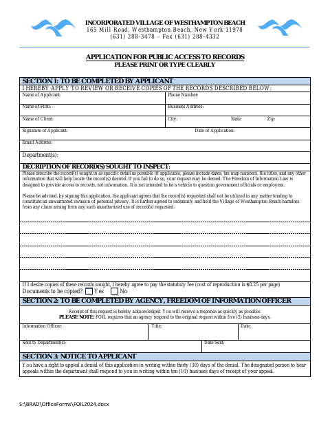 First page of the Application for Public Access to Records