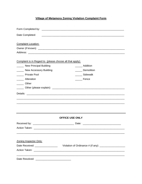 First page of the Zoning Violation Complaint Form