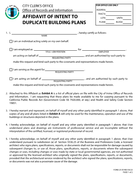 First page of the Affidavit of Intent to Duplicate Building Plans