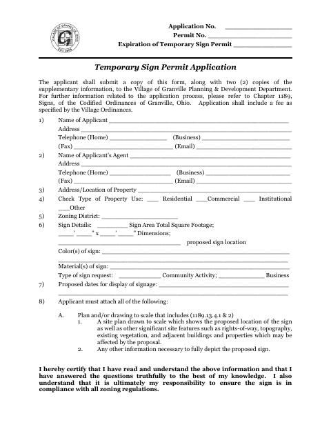 First page of the Temporary Sign Permit Application