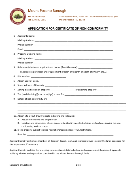 First page of the Application for Certificate of Non-Conformity