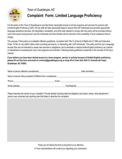 First page of the Complaint Form: Limited Language Proficiency