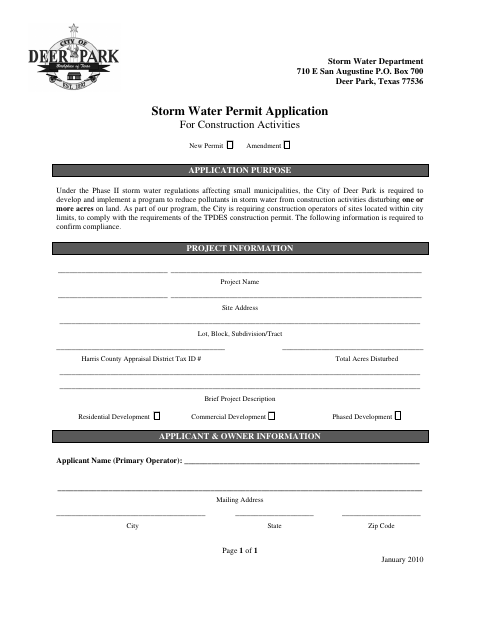 First page of the Storm Water Permit Application For Construction Activities
