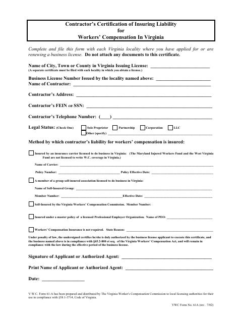 First page of the Contractor’s Certification of Insuring Liability for Workers’ Compensation in Virginia