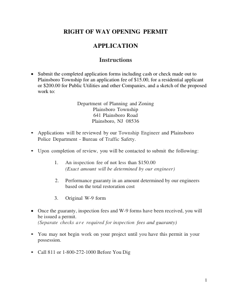 First page of the Right of Way Opening Permit Application