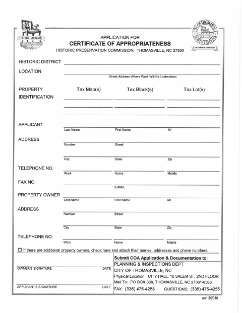 First page of the Certificate of Appropriateness Application
