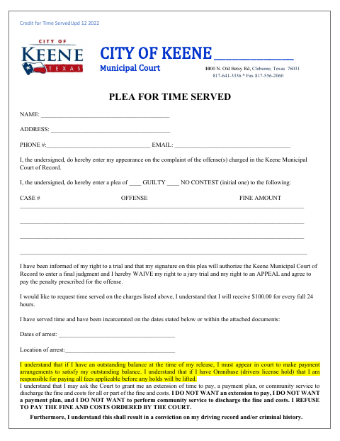 First page of the Plea for Time Served