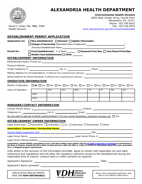 First page of the Establishment Permit Application