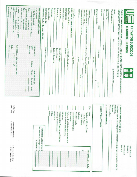 First page of the Elevator Technical Form