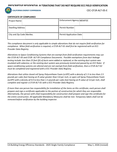 First page of the Prescriptive Residential Alterations Certificate of Compliance