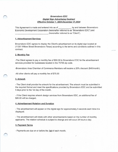 First page of the Digital Sign Advertising Contract