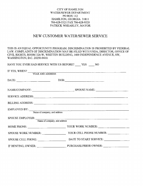 First page of the New Water/Sewer Service Application