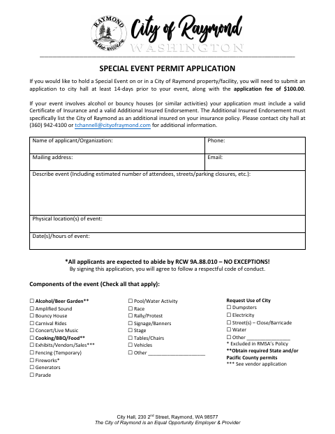 First page of the Special Event Permit Application