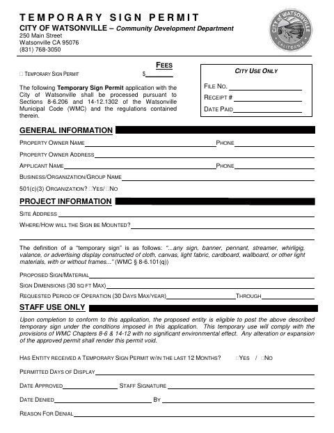 First page of the Temporary Sign Permit