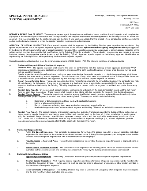 First page of the Special Inspection and Testing Agreement