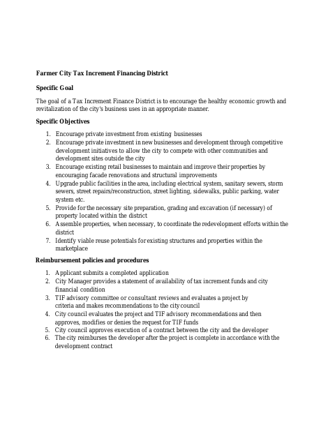 First page of the Tax Increment Financing Assistance Application