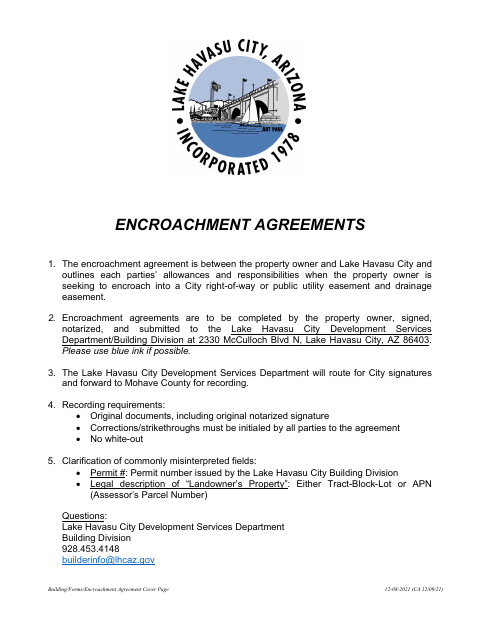 First page of the Encroachment Agreement for Driveway Pavers