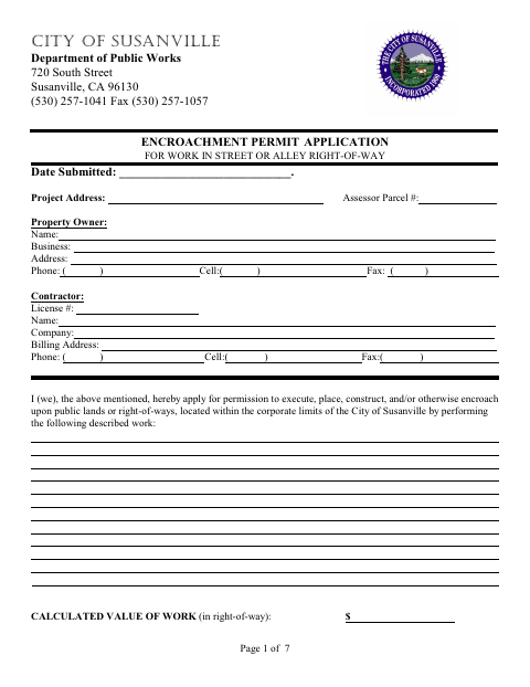 First page of the Encroachment Permit Application for Work in Street or Alley Right-of-Way