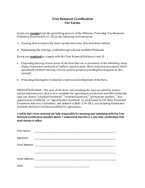 First page of the Tree Removal Certification for Farms