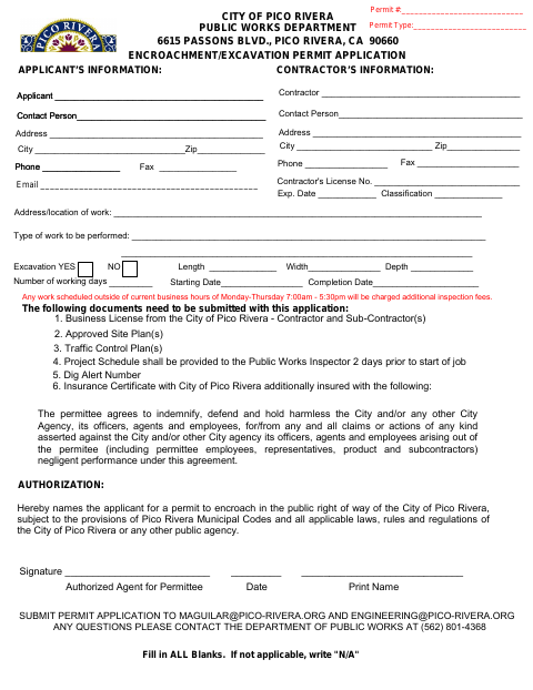 First page of the Encroachment/Excavation Permit Application
