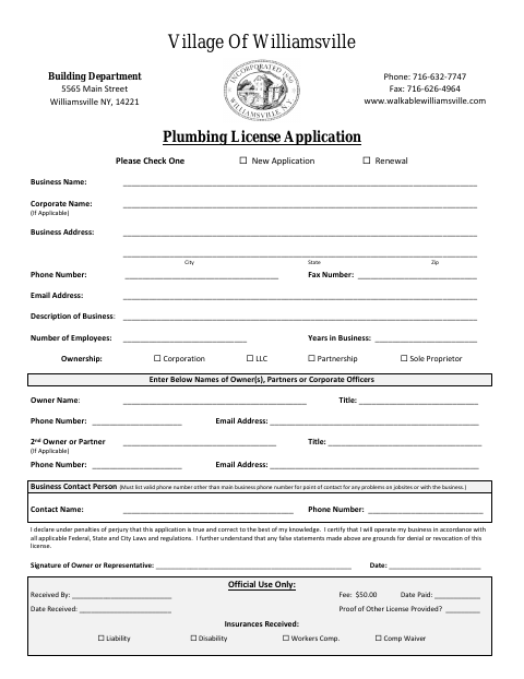 First page of the Plumbing License Application