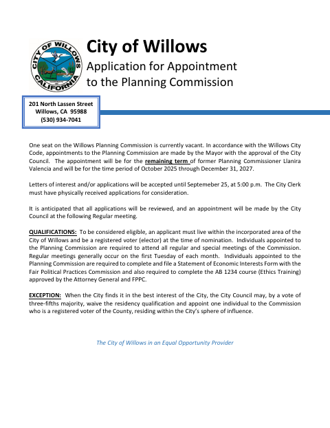 First page of the Application for Appointment to the Planning Commission