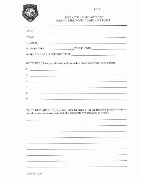 First page of the Formal Personnel Complaint Form
