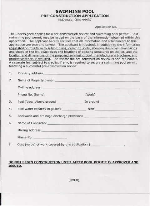 First page of the Swimming Pool Pre-Construction Application