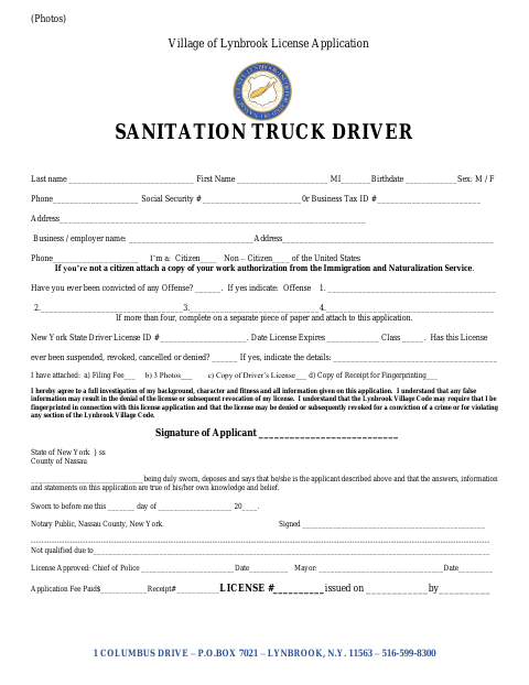 First page of the Sanitation Truck Driver License Application