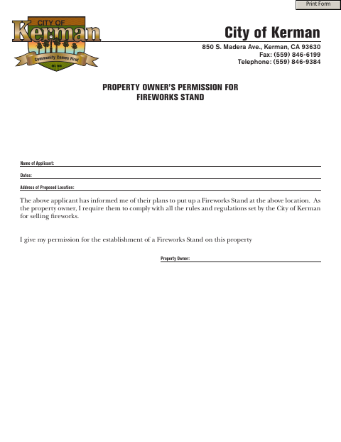 First page of the Property Owner’s Permission for Fireworks Stand