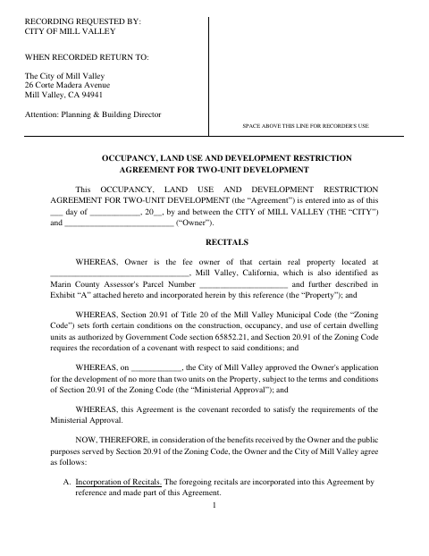 First page of the Occupancy, Land Use and Development Restriction Agreement for Two-Unit Development