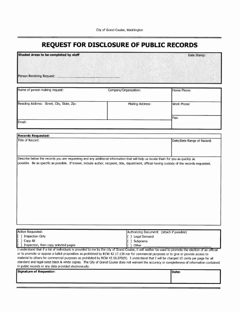 First page of the Request For Disclosure Of Public Records