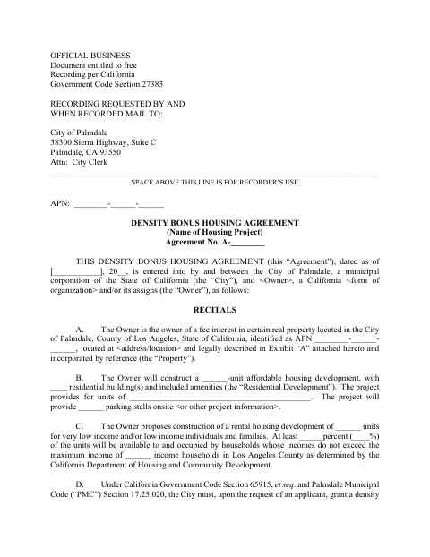 First page of the Density Bonus Housing Agreement