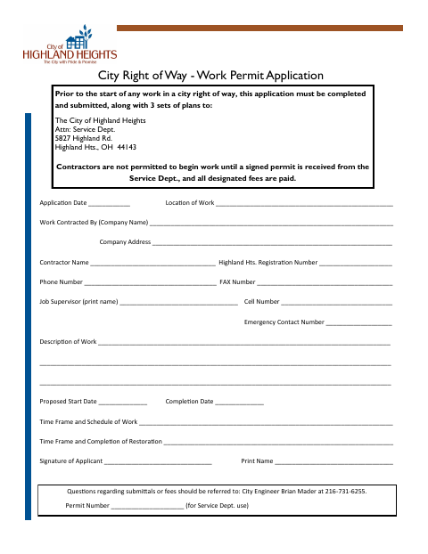 First page of the Right of Way Permit Application
