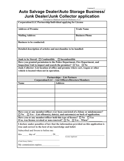 First page of the Junk Auto License Application