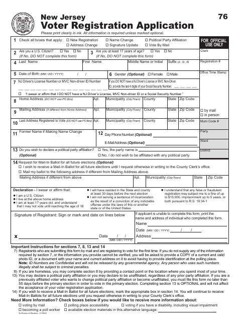 First page of the New Jersey Voter Registration Application
