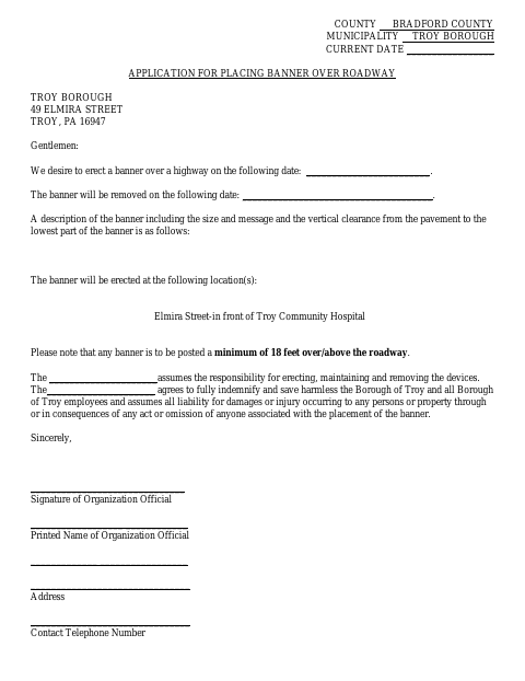 First page of the Application for Placing Banner Over Roadway