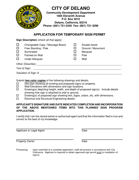 First page of the Application for Temporary Sign Permit