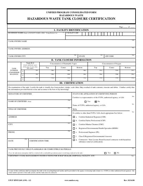 First page of the Hazardous Waste Tank Closure Certification